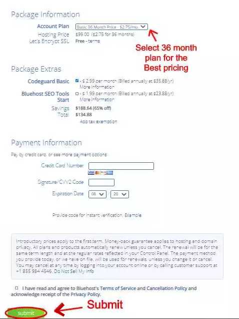 Bluehost package information